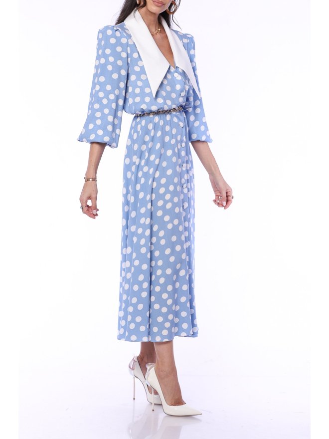 TGH POINTED COLLAR WHITE POLKA DOTS MIDI DRESS