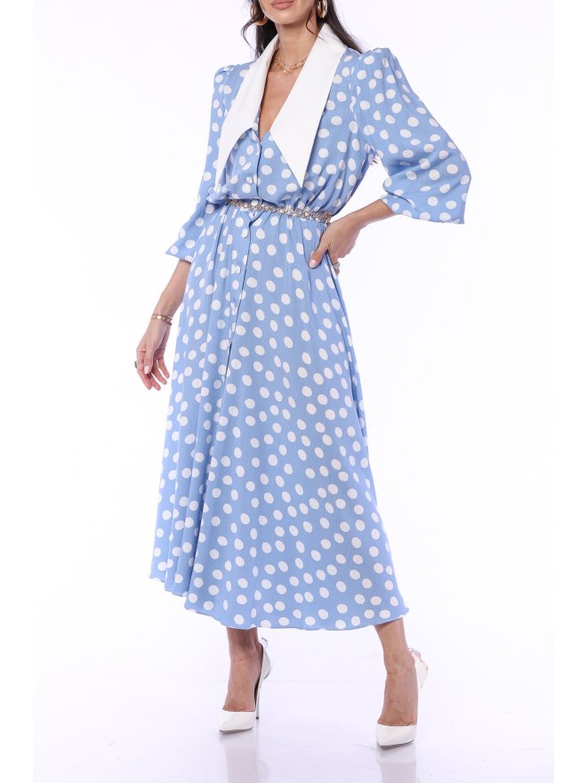 TGH POINTED COLLAR WHITE POLKA DOTS MIDI DRESS