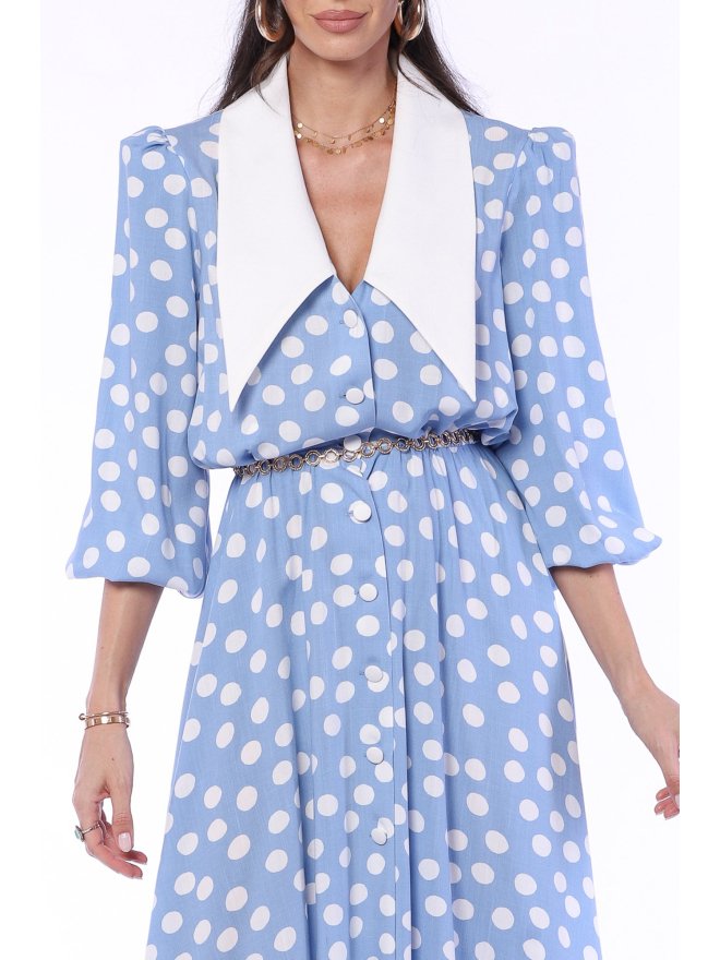 TGH POINTED COLLAR WHITE POLKA DOTS MIDI DRESS