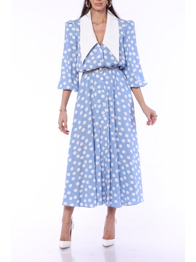 TGH POINTED COLLAR WHITE POLKA DOTS MIDI DRESS