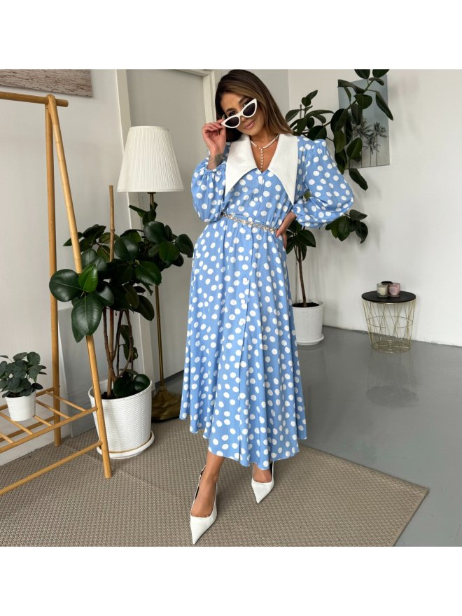 TGH POINTED COLLAR WHITE POLKA DOTS MIDI DRESS