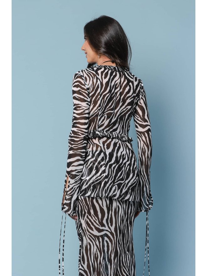 TGH ANIMAL PRINT SEMI-SHEER BEACH RUFFLES&STRINGS BLOUSE