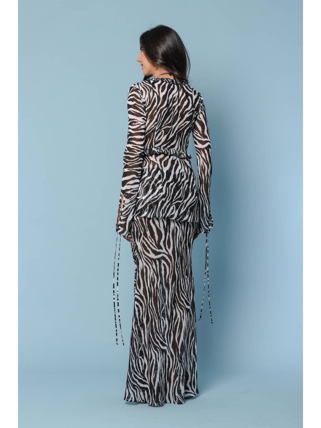 TGH ANIMAL PRINT SEMI-SHEER BEACH RUFFLES&STRINGS BLOUSE