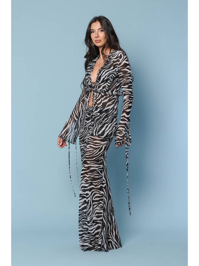 TGH ANIMAL PRINT SEMI-SHEER BEACH RUFFLES&STRINGS BLOUSE