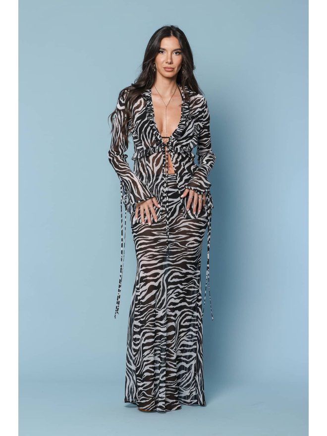 TGH ANIMAL PRINT SEMI-SHEER BEACH RUFFLES&STRINGS BLOUSE