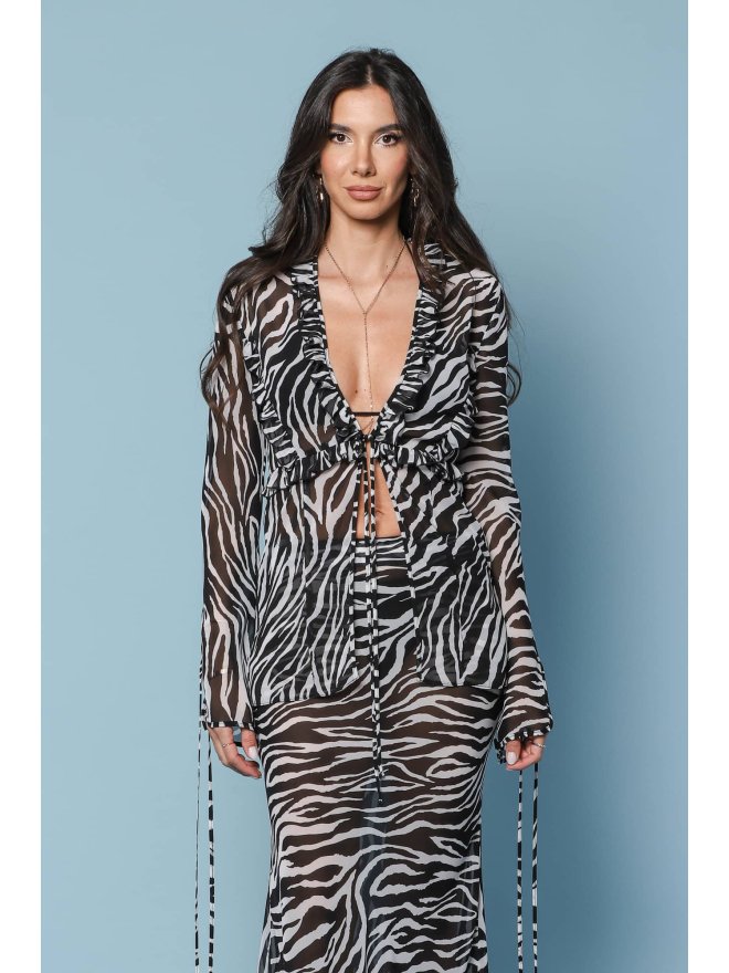 TGH ANIMAL PRINT SEMI-SHEER BEACH RUFFLES&STRINGS BLOUSE