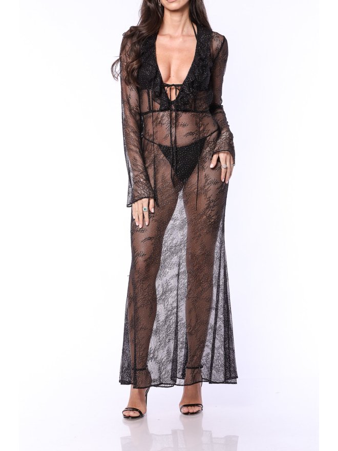 TGH SEMISHEER RHIENSTONES DETAILS LACE MAXI DRESS