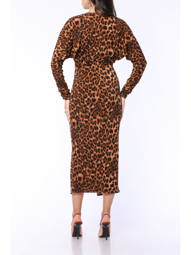 TGH V-NECK ANIMAL PRINT DRAPED MIDI DRESS