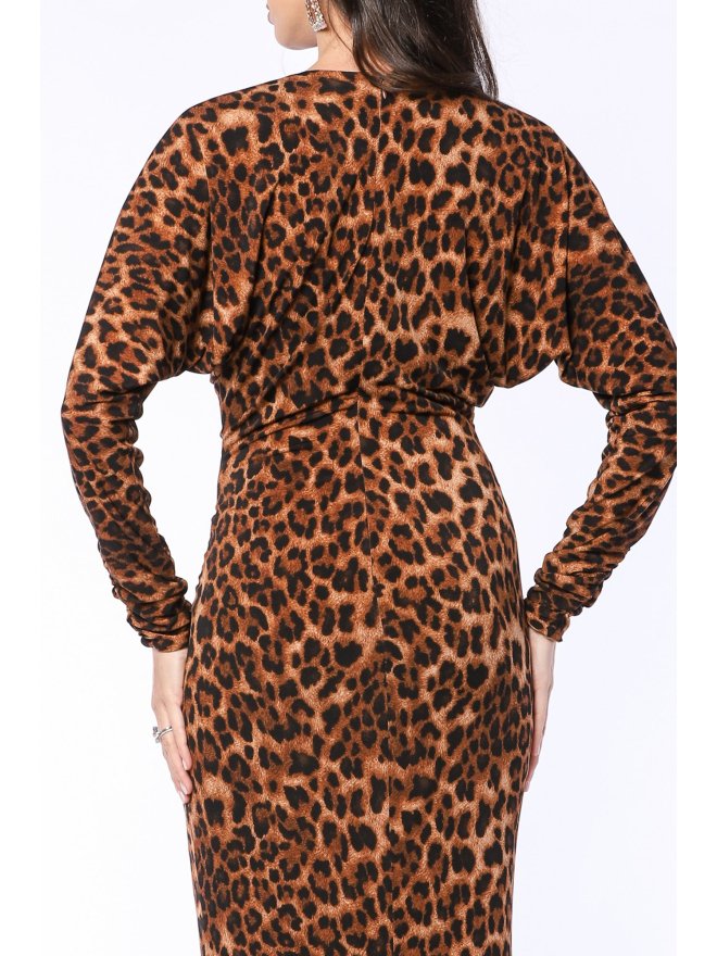 TGH V-NECK ANIMAL PRINT DRAPED MIDI DRESS