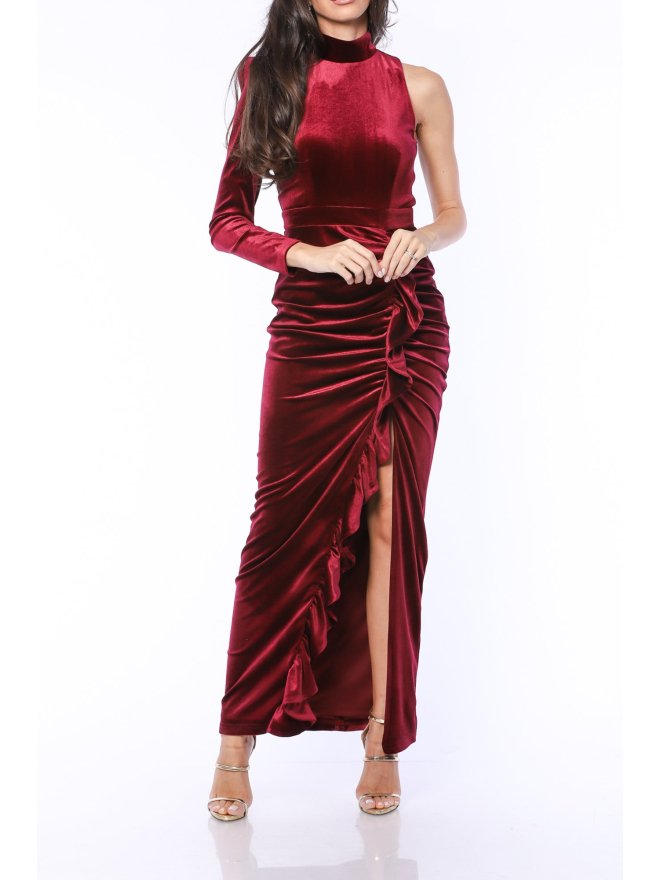 TGH ONE SLEEVE FRONT RUFFLE VELVET MAXI DRESS