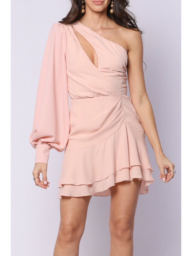 TGH ONE-SLEEVE CUT-OUT RUFFLED MINI DRESS