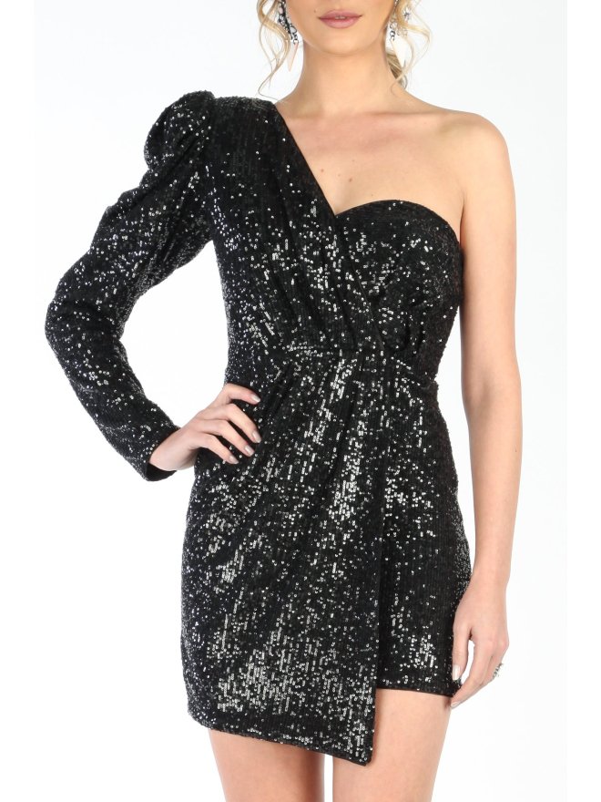 CARLA GLAM ONE-SLEEVE ASYMMETRIC SEQUINS MINI DRESS