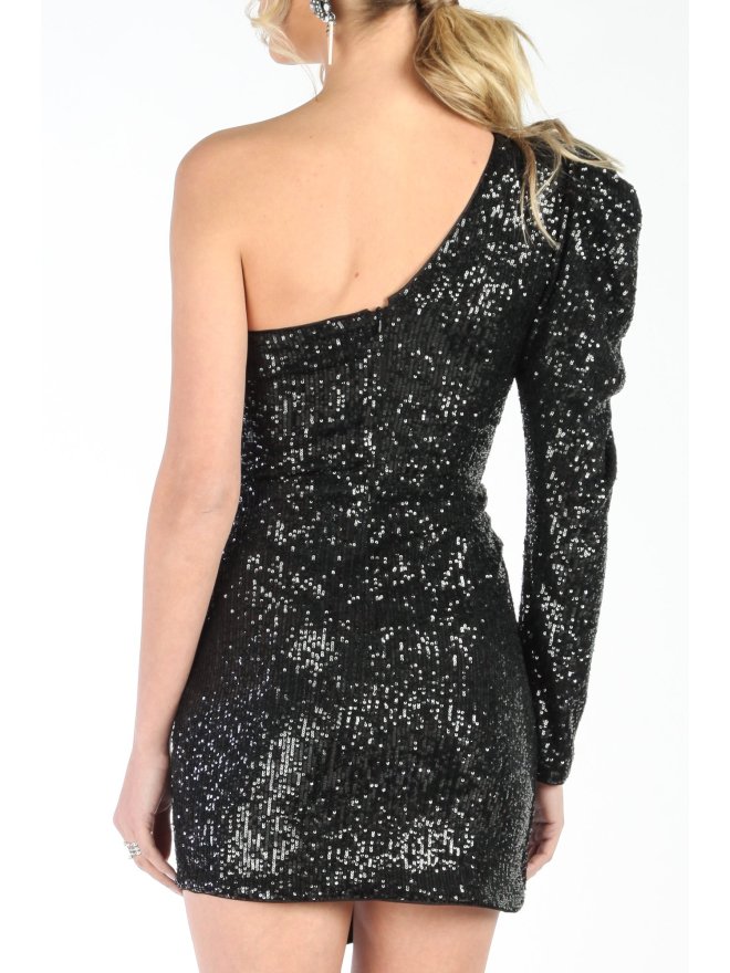 CARLA GLAM ONE-SLEEVE ASYMMETRIC SEQUINS MINI DRESS