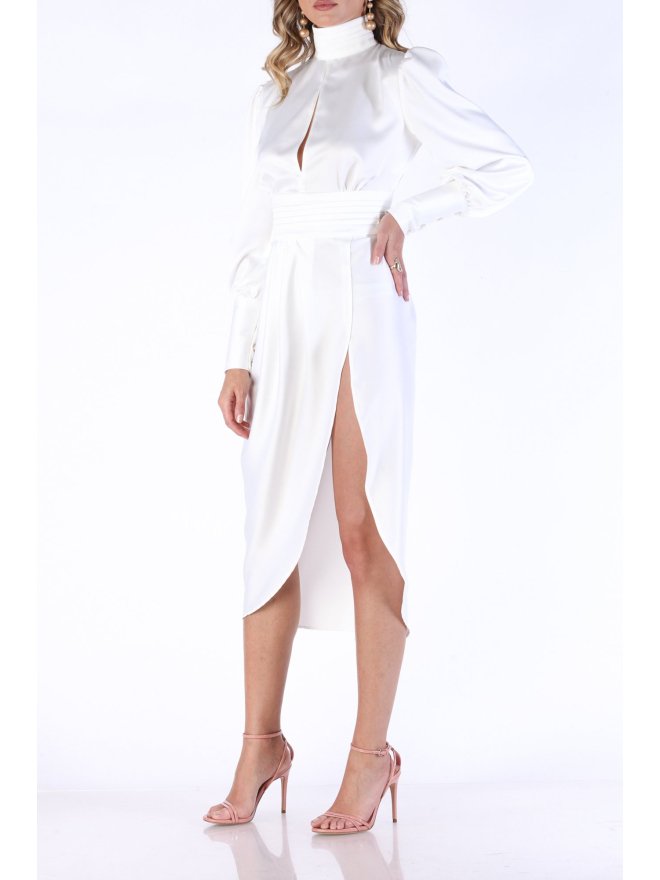 CARLA SATIN HIGH NECK ELEGANT MIDI DRESS